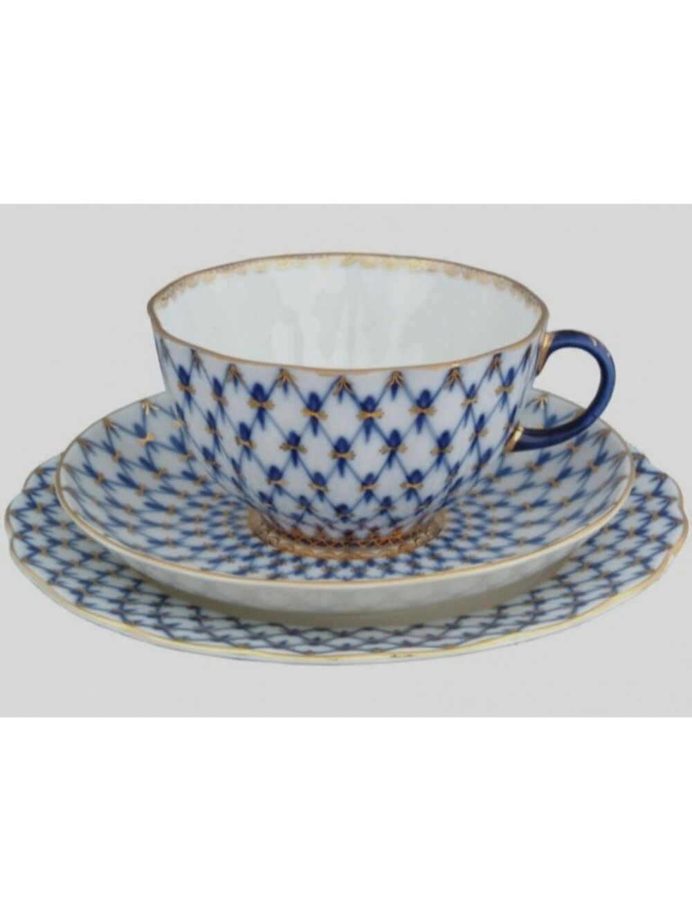 Vintage Lomonosov Imperial Porcelain Cobalt Net Trio Set Blue Gold Leaflet